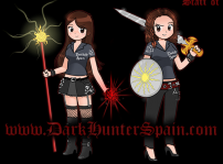 Fans of Dark Hunter Spain in manga picture , with the stick of Acheron's, Nick's logo, coat of Savitar's, the two hair braids of Talon's, boots and skirt Simi's and the sword of the official logo of Sherrilyn Kenyon.