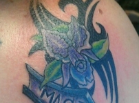 The symbol behind my flower is the symbol from No Mercy one of my favorties and I love this tattoo :)